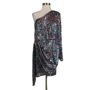 Aidan Mattox Sequined One Shoulder Mini Sheath Cocktail Dress Blue Multi Size 12